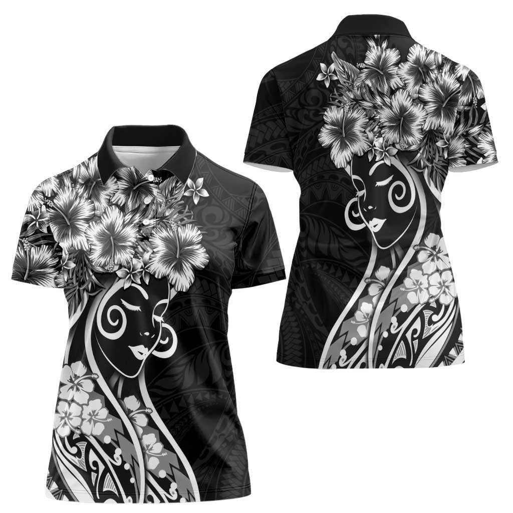Polynesian Women's Day Women Polo Shirt Black Hibiscus Flowers With Polynesian Pattern LT05 - Polynesian Pride