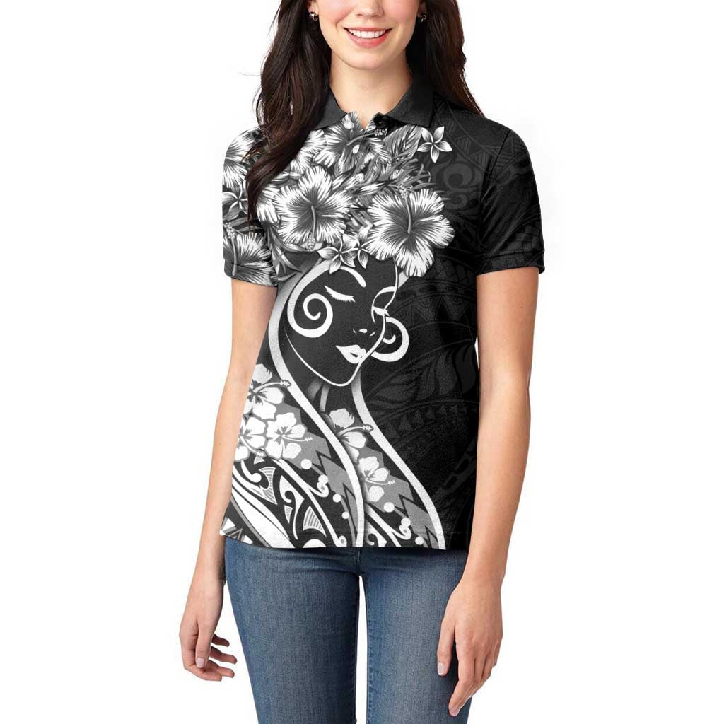 Polynesian Women's Day Women Polo Shirt Black Hibiscus Flowers With Polynesian Pattern LT05 - Polynesian Pride