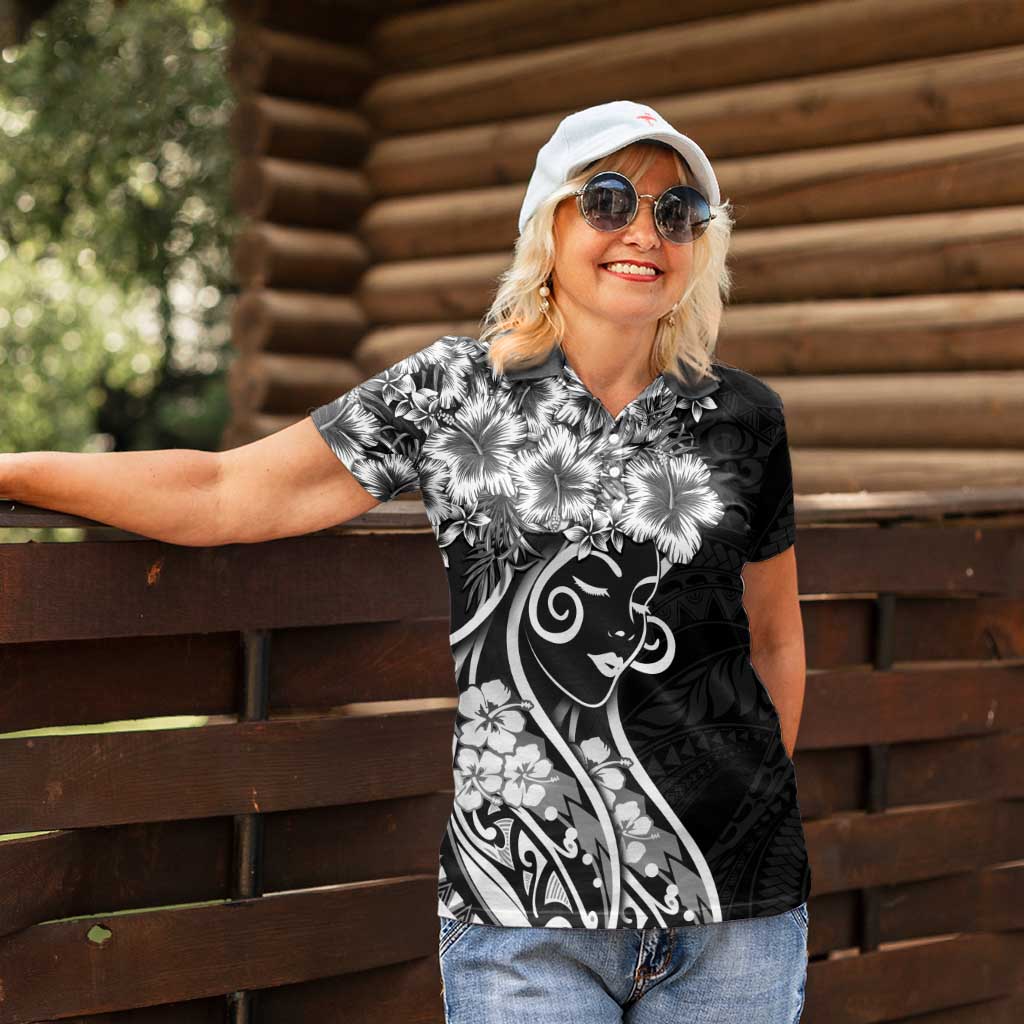 Polynesian Women's Day Women Polo Shirt Black Hibiscus Flowers With Polynesian Pattern LT05 - Polynesian Pride