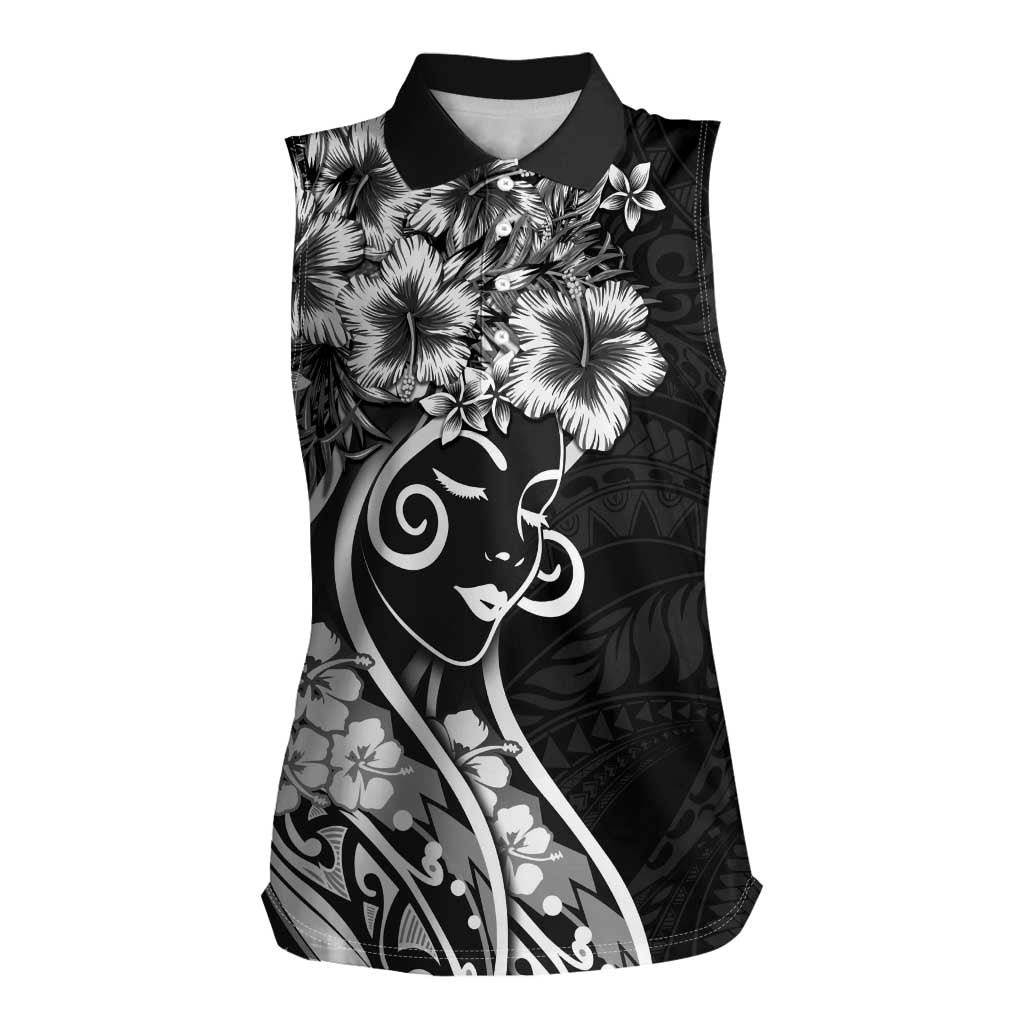 Polynesian Women's Day Women Sleeveless Polo Shirt Black Hibiscus Flowers With Polynesian Pattern