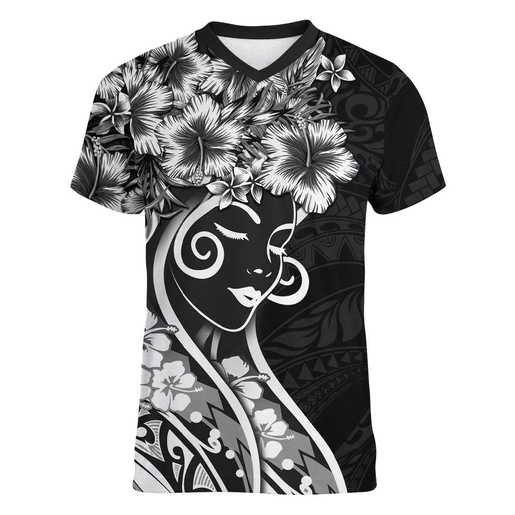 Polynesian Women's Day Women V-Neck T-Shirt Black Hibiscus Flowers With Polynesian Pattern LT05 Female Black - Polynesian Pride