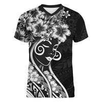 Polynesian Women's Day Women V-Neck T-Shirt Black Hibiscus Flowers With Polynesian Pattern LT05 Female Black - Polynesian Pride