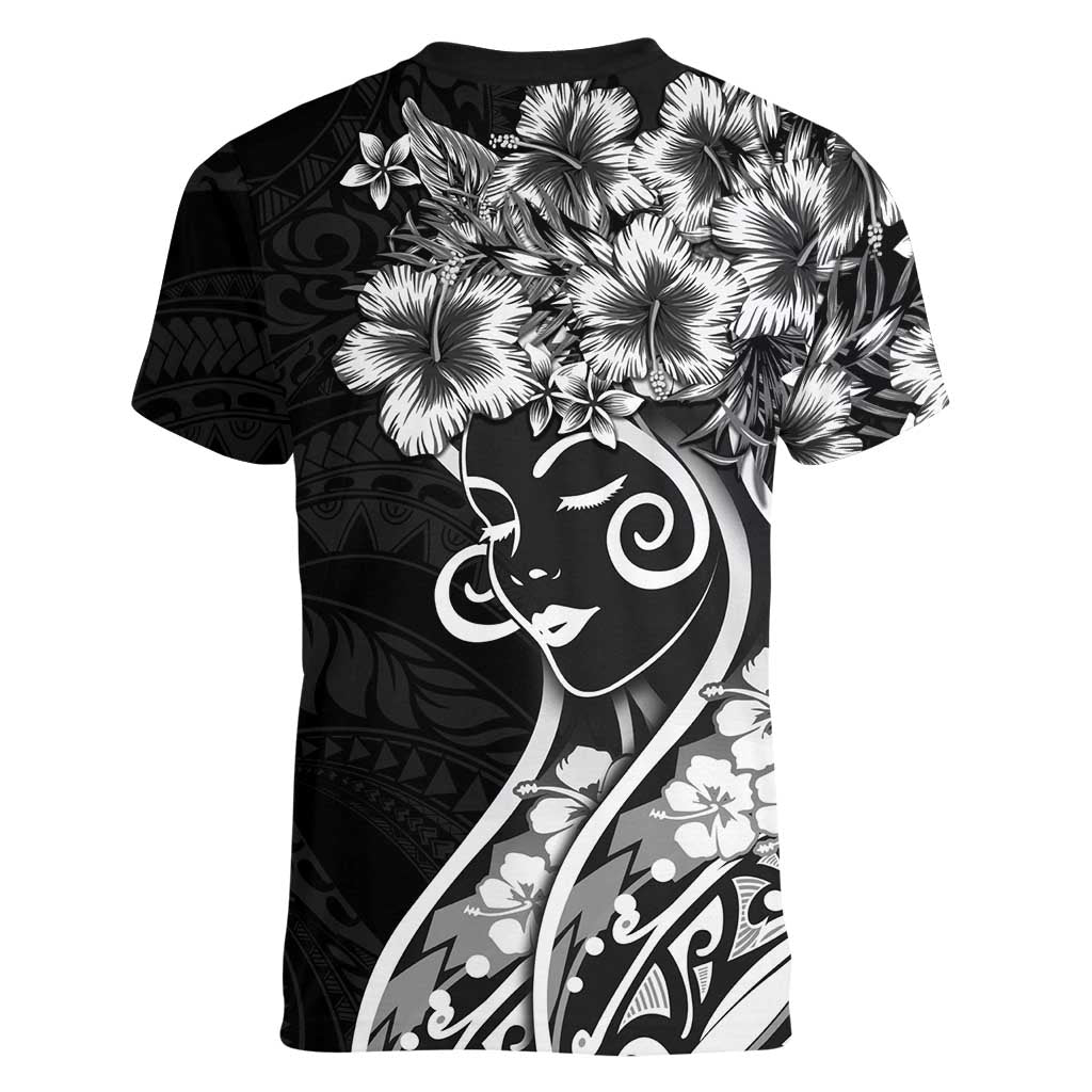 Polynesian Women's Day Women V-Neck T-Shirt Black Hibiscus Flowers With Polynesian Pattern LT05 - Polynesian Pride