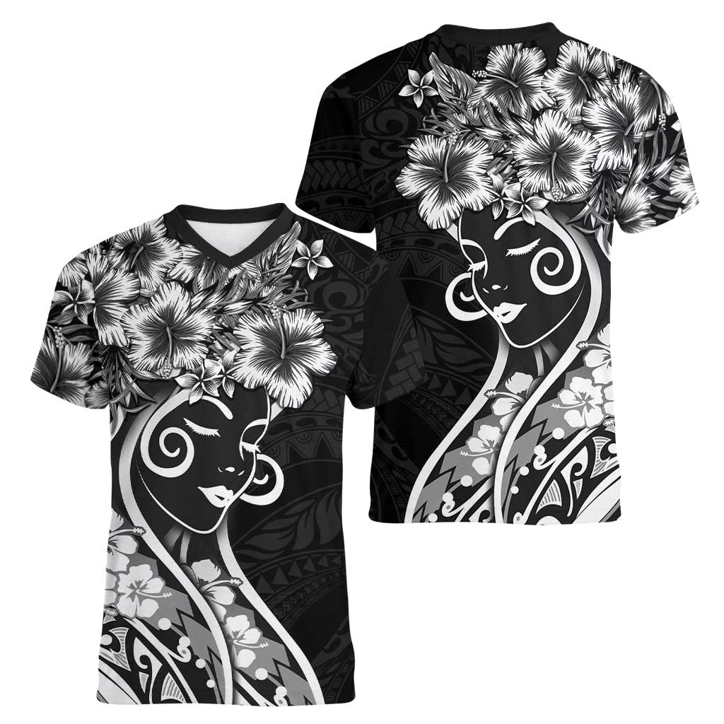 Polynesian Women's Day Women V-Neck T-Shirt Black Hibiscus Flowers With Polynesian Pattern LT05 - Polynesian Pride