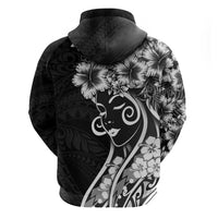 Polynesian Women's Day Zip Hoodie Black Hibiscus Flowers With Polynesian Pattern