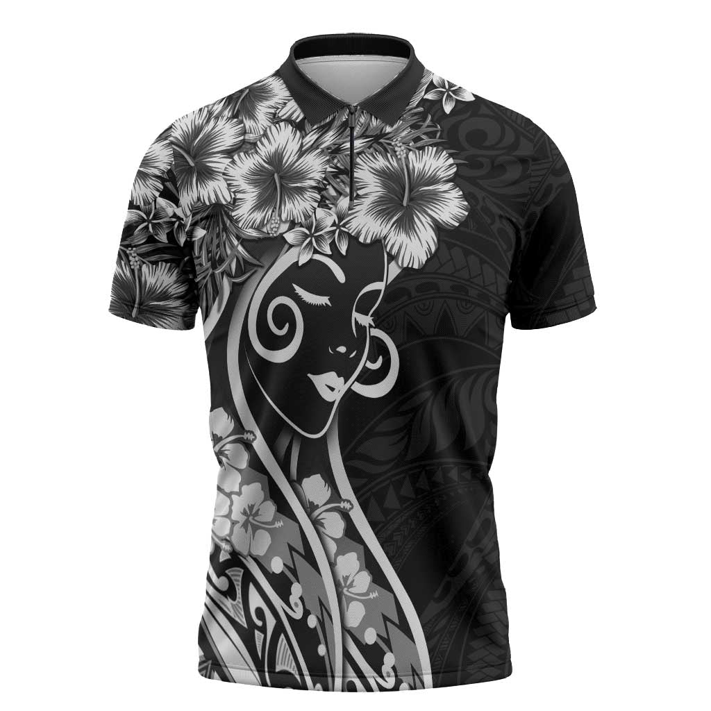 Polynesian Women's Day Zipper Polo Shirt Black Hibiscus Flowers With Polynesian Pattern LT05 Black - Polynesian Pride