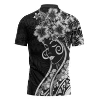 Polynesian Women's Day Zipper Polo Shirt Black Hibiscus Flowers With Polynesian Pattern LT05 - Polynesian Pride