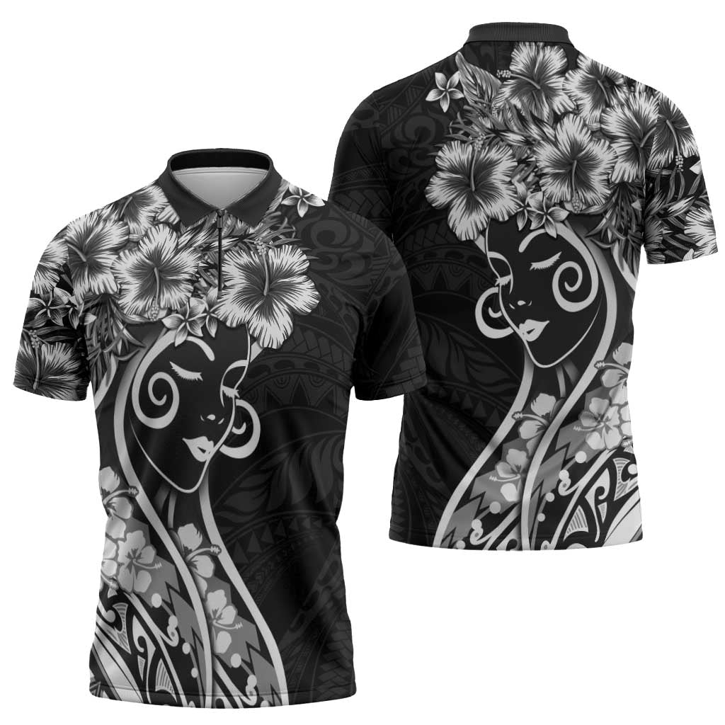 Polynesian Women's Day Zipper Polo Shirt Black Hibiscus Flowers With Polynesian Pattern LT05 - Polynesian Pride