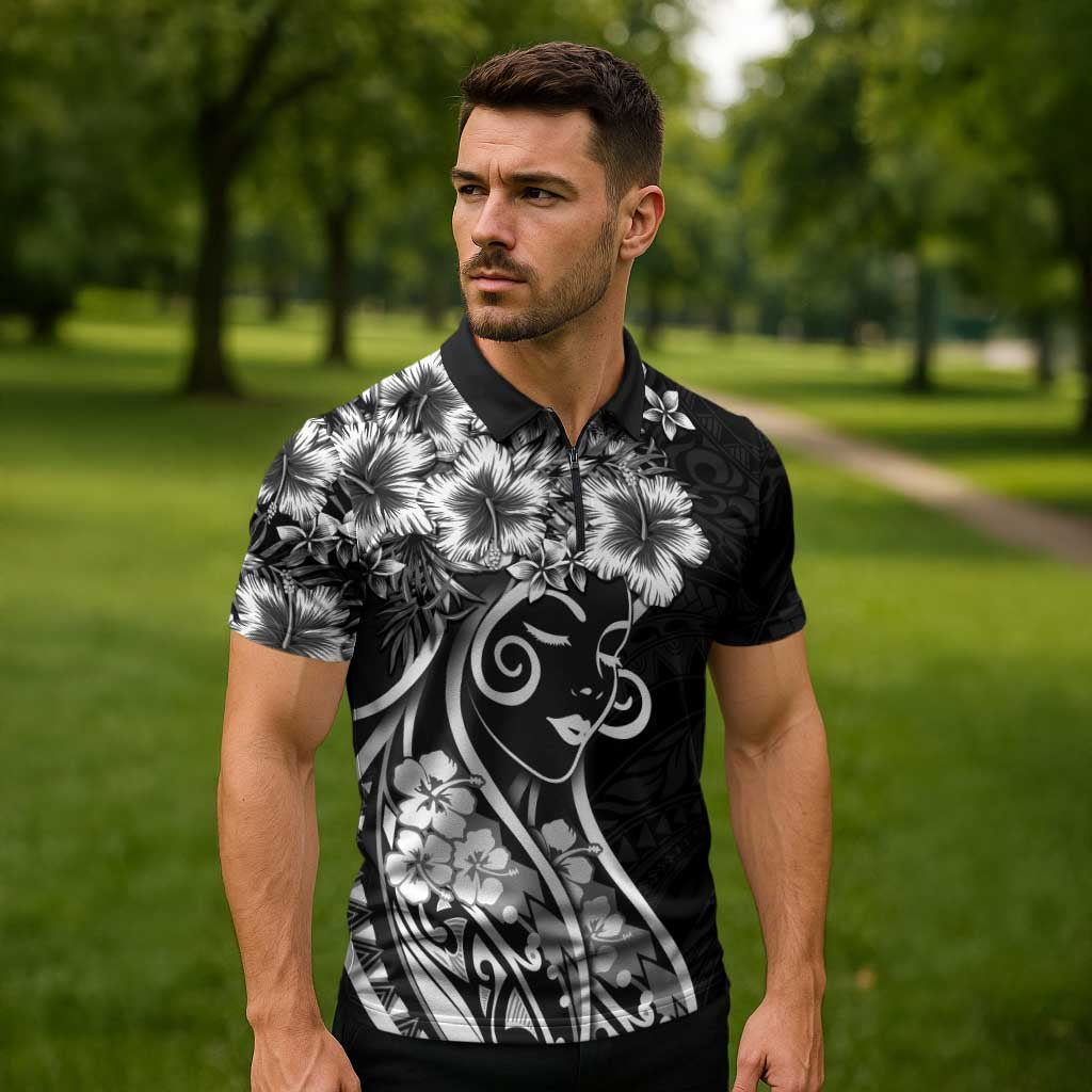 Polynesian Women's Day Zipper Polo Shirt Black Hibiscus Flowers With Polynesian Pattern LT05 - Polynesian Pride