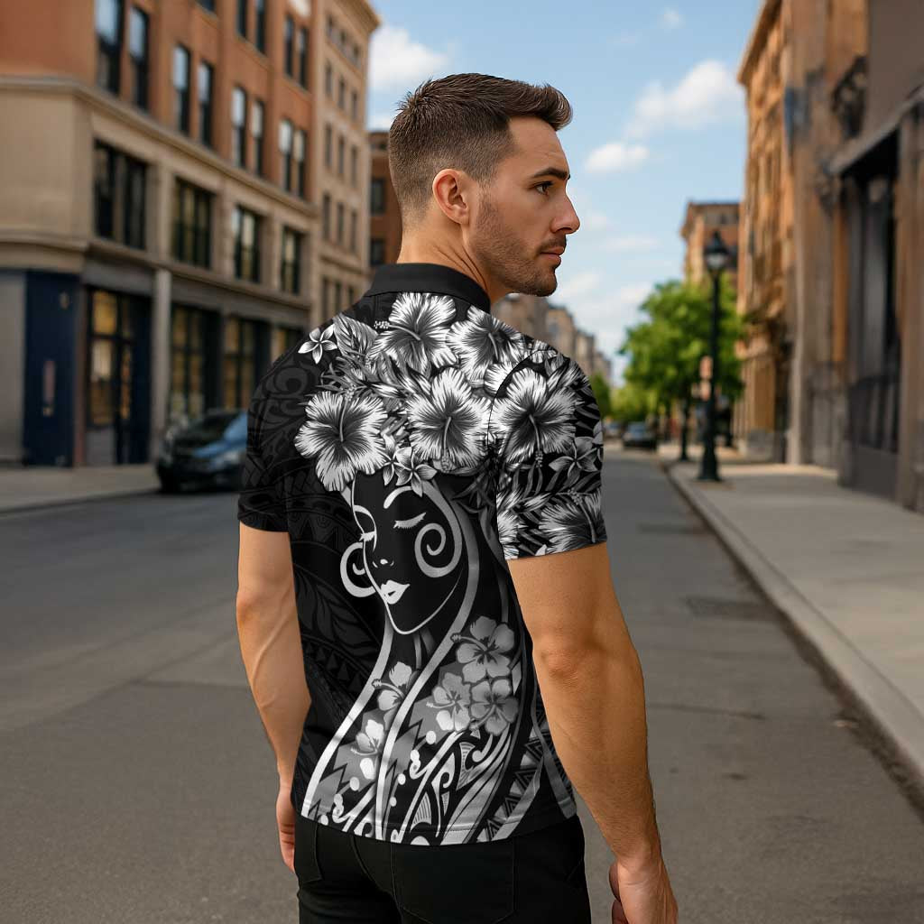Polynesian Women's Day Zipper Polo Shirt Black Hibiscus Flowers With Polynesian Pattern LT05 - Polynesian Pride