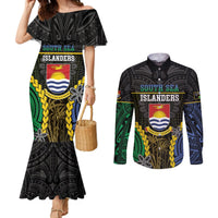 Personalised South Sea Islanders And Gilbert Islands Couples Matching Mermaid Dress and Long Sleeve Button Shirt Kanakas Polynesian Pattern LT05 Black - Polynesian Pride