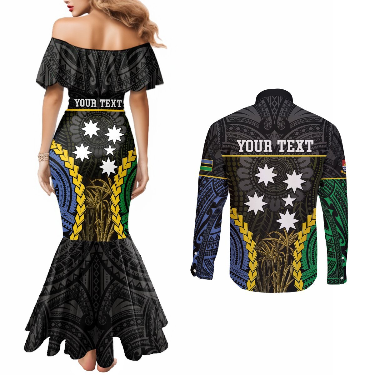 Personalised South Sea Islanders And Gilbert Islands Couples Matching Mermaid Dress and Long Sleeve Button Shirt Kanakas Polynesian Pattern LT05 - Polynesian Pride