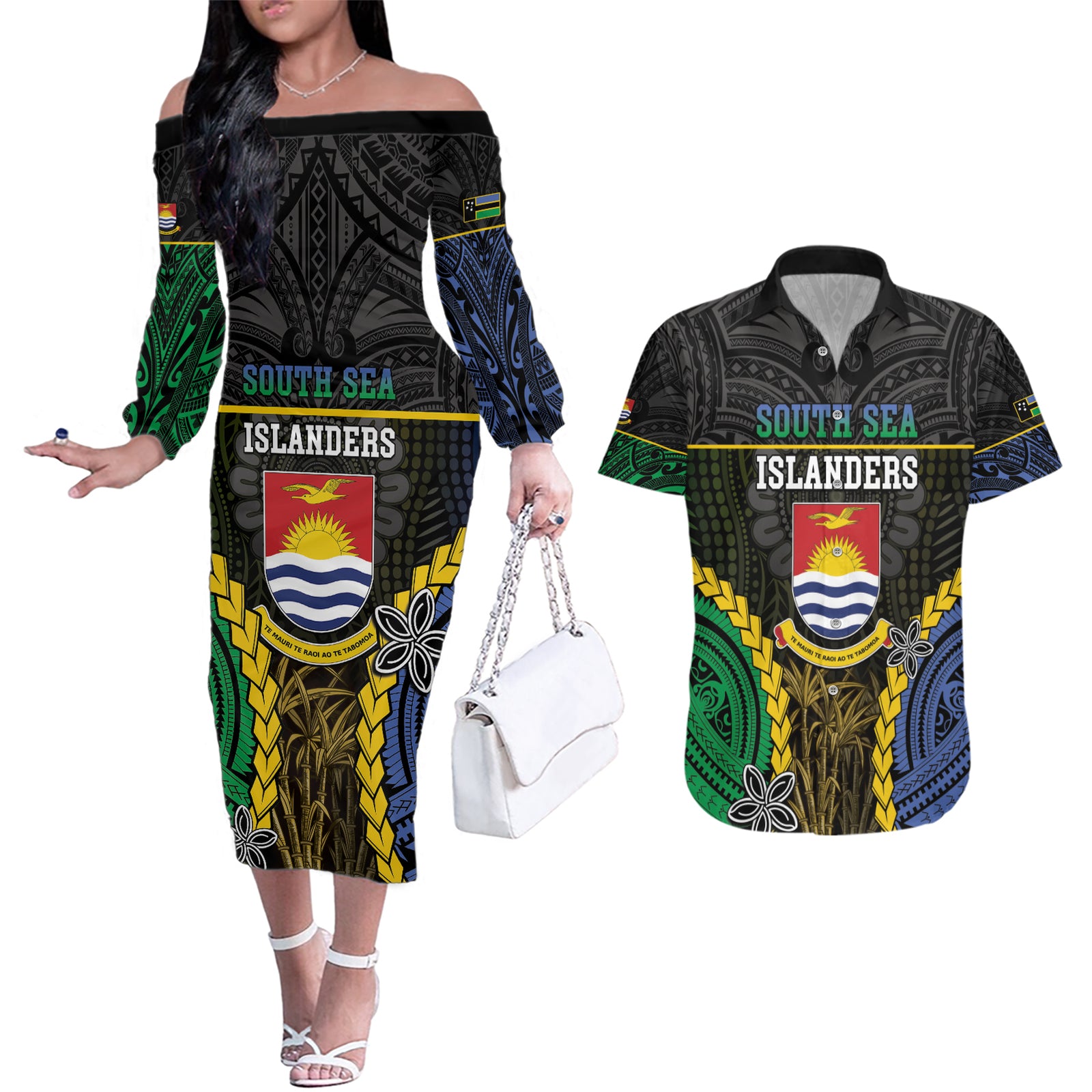Personalised South Sea Islanders And Gilbert Islands Couples Matching Off The Shoulder Long Sleeve Dress and Hawaiian Shirt Kanakas Polynesian Pattern