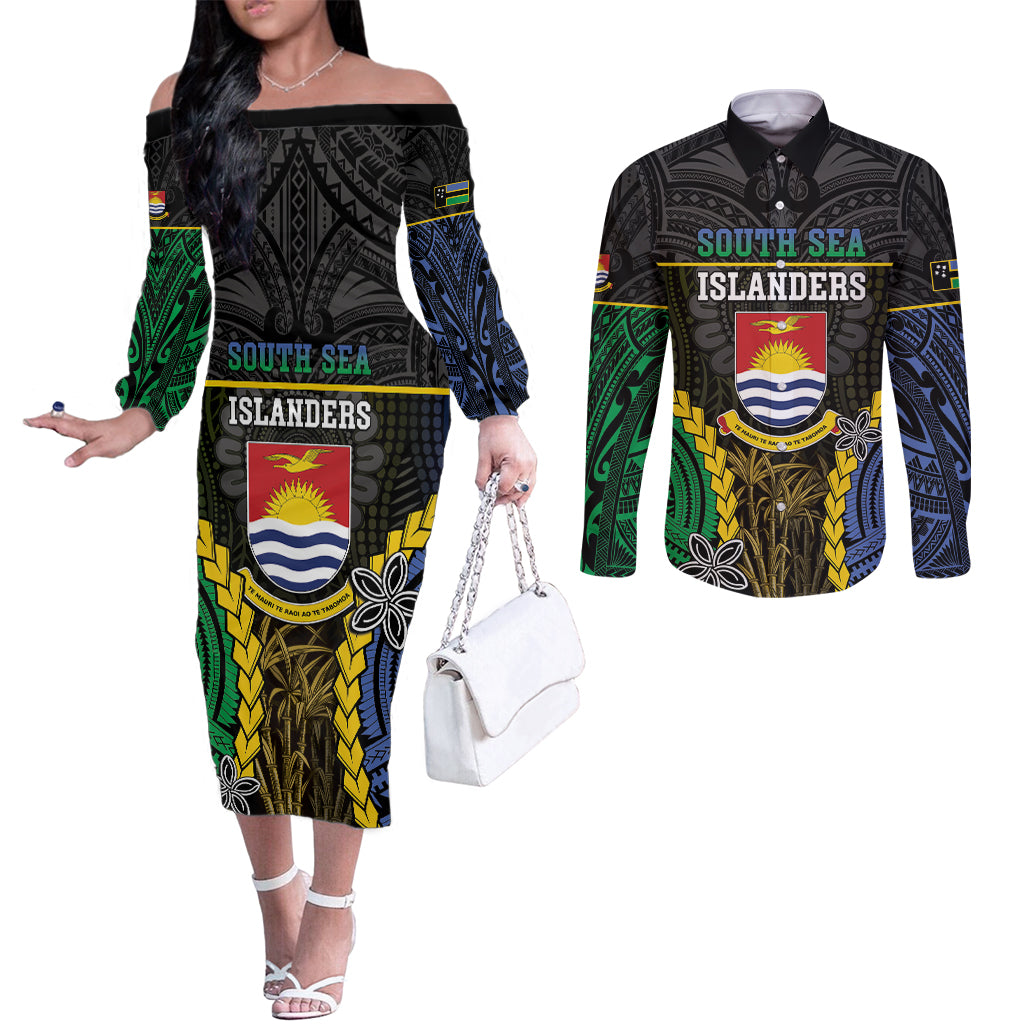 Personalised South Sea Islanders And Gilbert Islands Couples Matching Off The Shoulder Long Sleeve Dress and Long Sleeve Button Shirt Kanakas Polynesian Pattern LT05 Black - Polynesian Pride