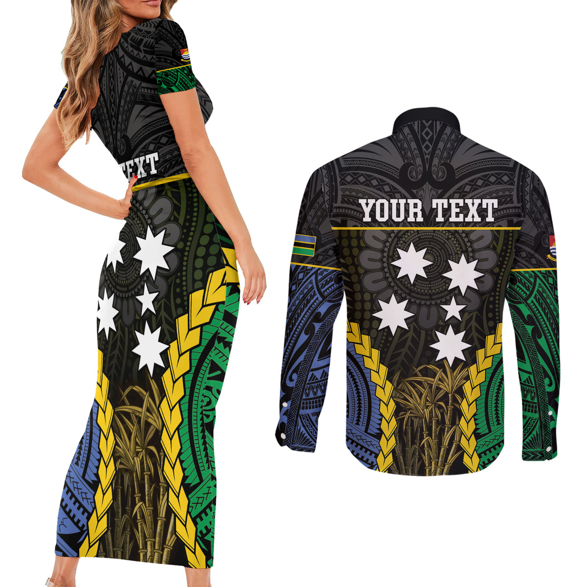 Personalised South Sea Islanders And Gilbert Islands Couples Matching Short Sleeve Bodycon Dress and Long Sleeve Button Shirt Kanakas Polynesian Pattern