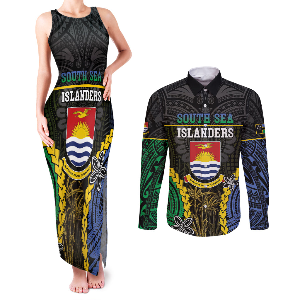 Personalised South Sea Islanders And Gilbert Islands Couples Matching Tank Maxi Dress and Long Sleeve Button Shirt Kanakas Polynesian Pattern LT05 Black - Polynesian Pride