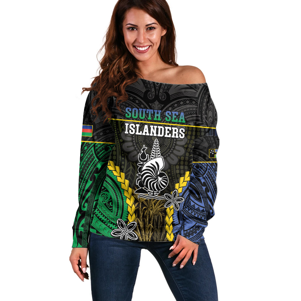 Personalised South Sea Islanders And New Caledonia Off Shoulder Sweater Kanakas Polynesian Pattern LT05 Women Black - Polynesian Pride