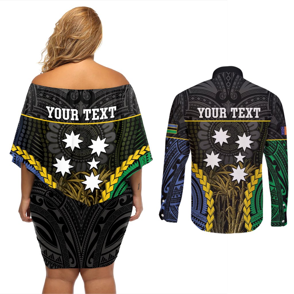Personalised South Sea Islanders And New Ireland Couples Matching Off Shoulder Short Dress and Long Sleeve Button Shirt Kanakas Polynesian Pattern