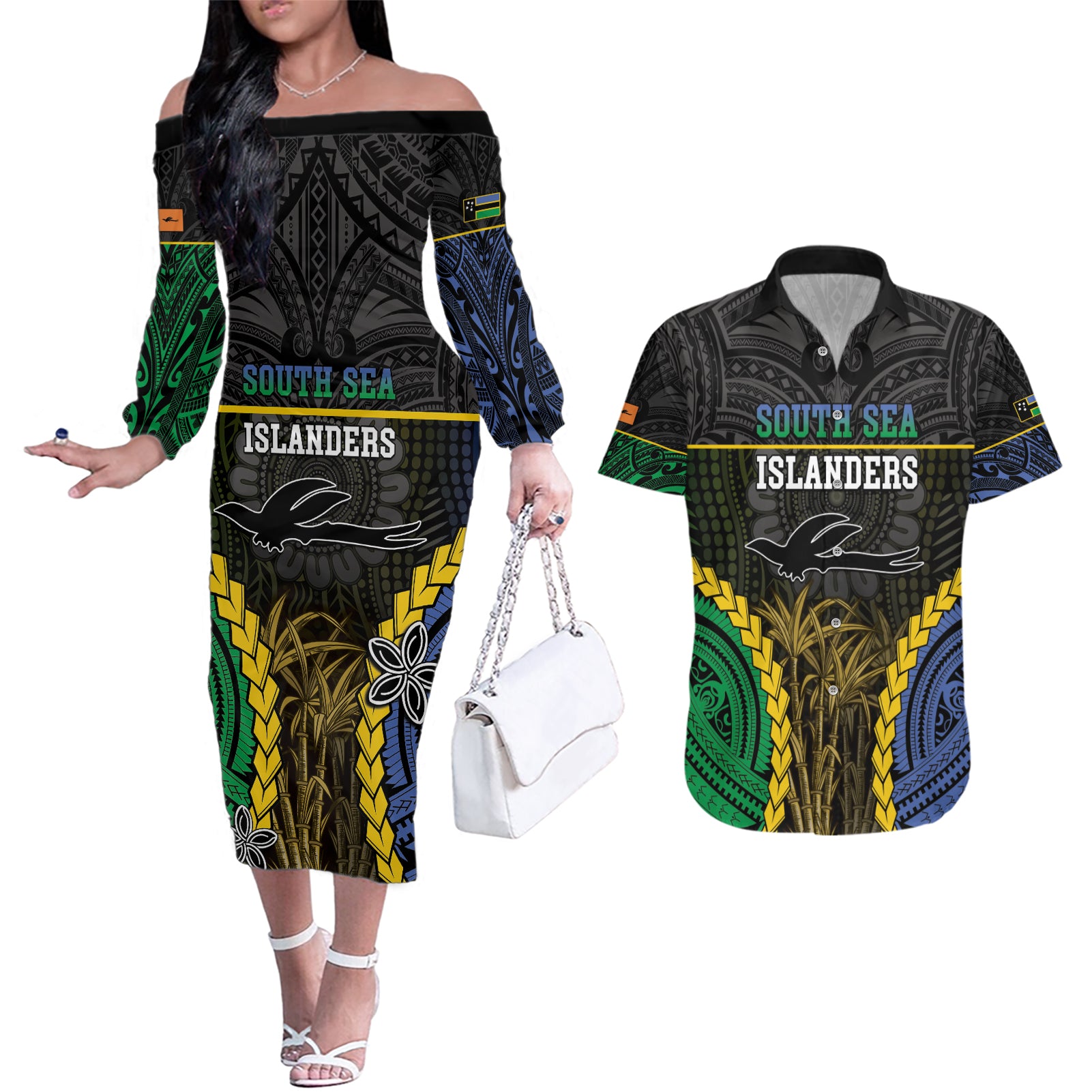 Personalised South Sea Islanders And New Ireland Couples Matching Off The Shoulder Long Sleeve Dress and Hawaiian Shirt Kanakas Polynesian Pattern