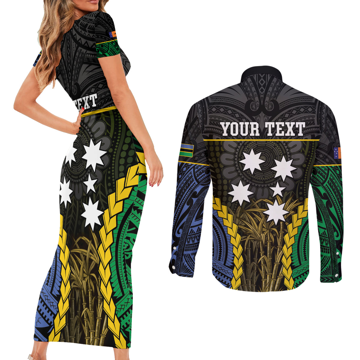 Personalised South Sea Islanders And New Ireland Couples Matching Short Sleeve Bodycon Dress and Long Sleeve Button Shirt Kanakas Polynesian Pattern