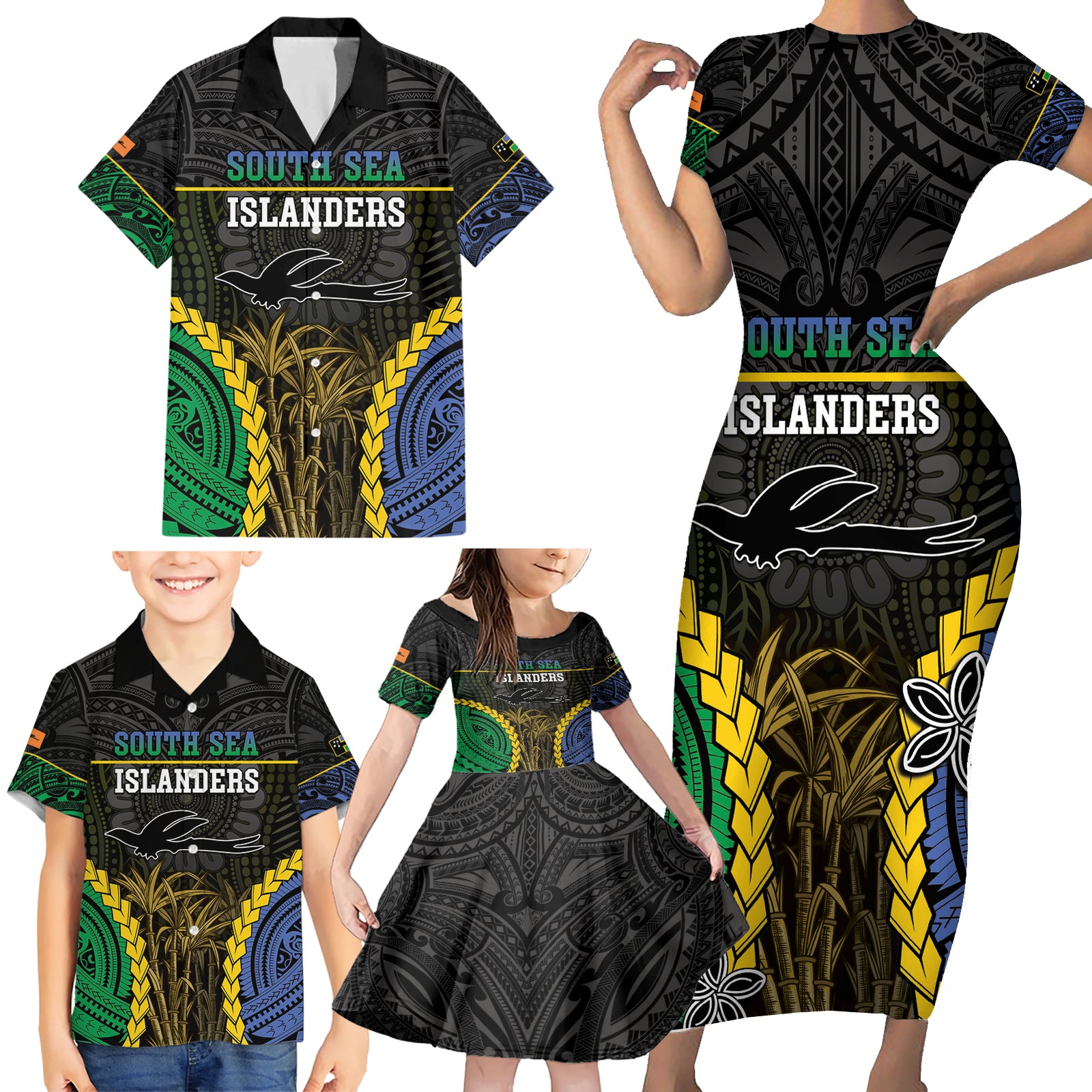 Personalised South Sea Islanders And New Ireland Family Matching Short Sleeve Bodycon Dress and Hawaiian Shirt Kanakas Polynesian Pattern