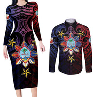 Philippines Guam Couples Matching Long Sleeve Bodycon Dress and Long Sleeve Button Shirt Filipino Sun With Guaman Seal