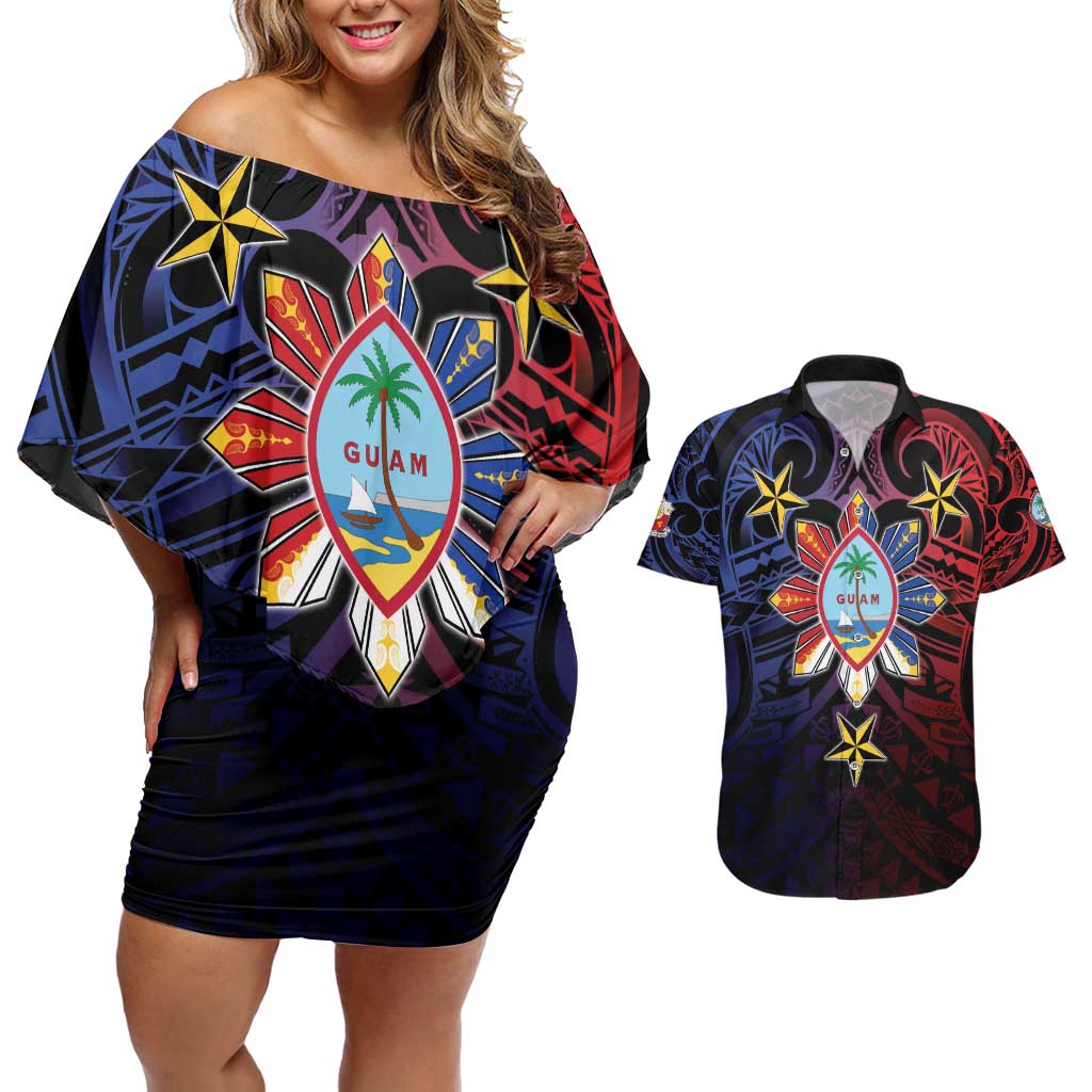 Philippines Guam Couples Matching Off Shoulder Short Dress and Hawaiian Shirt Filipino Sun With Guaman Seal