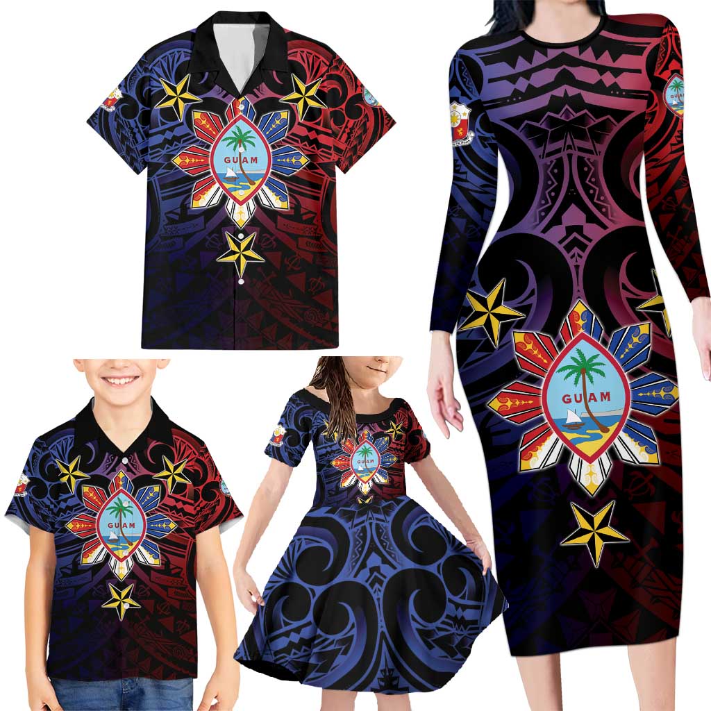 Philippines Guam Family Matching Long Sleeve Bodycon Dress and Hawaiian Shirt Filipino Sun With Guaman Seal
