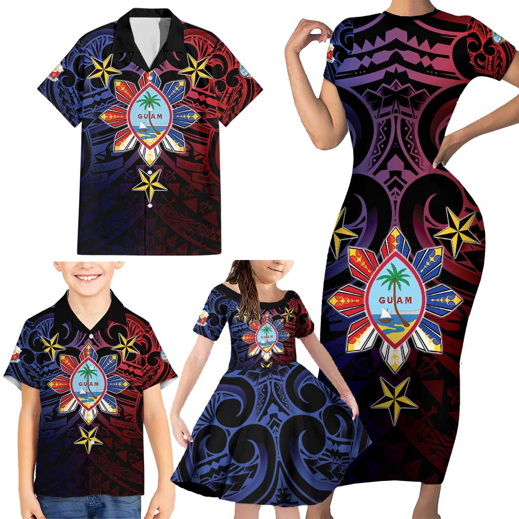 Philippines Guam Family Matching Short Sleeve Bodycon Dress and Hawaiian Shirt Filipino Sun With Guaman Seal