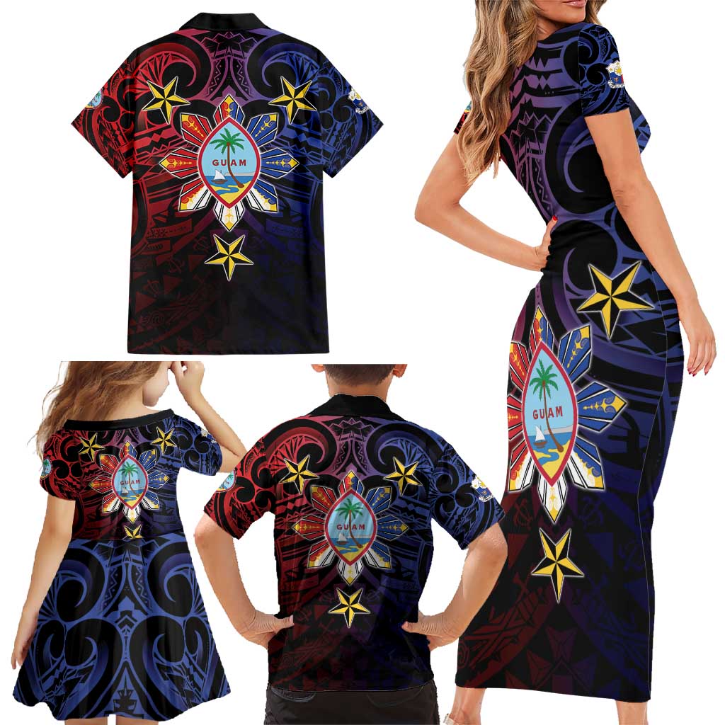 Philippines Guam Family Matching Short Sleeve Bodycon Dress and Hawaiian Shirt Filipino Sun With Guaman Seal