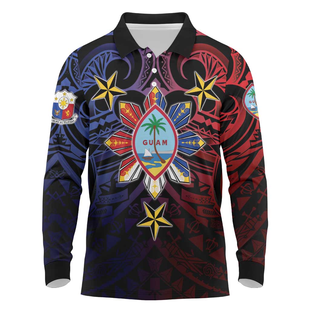 Philippines Guam Long Sleeve Polo Shirt Filipino Sun With Guaman Seal