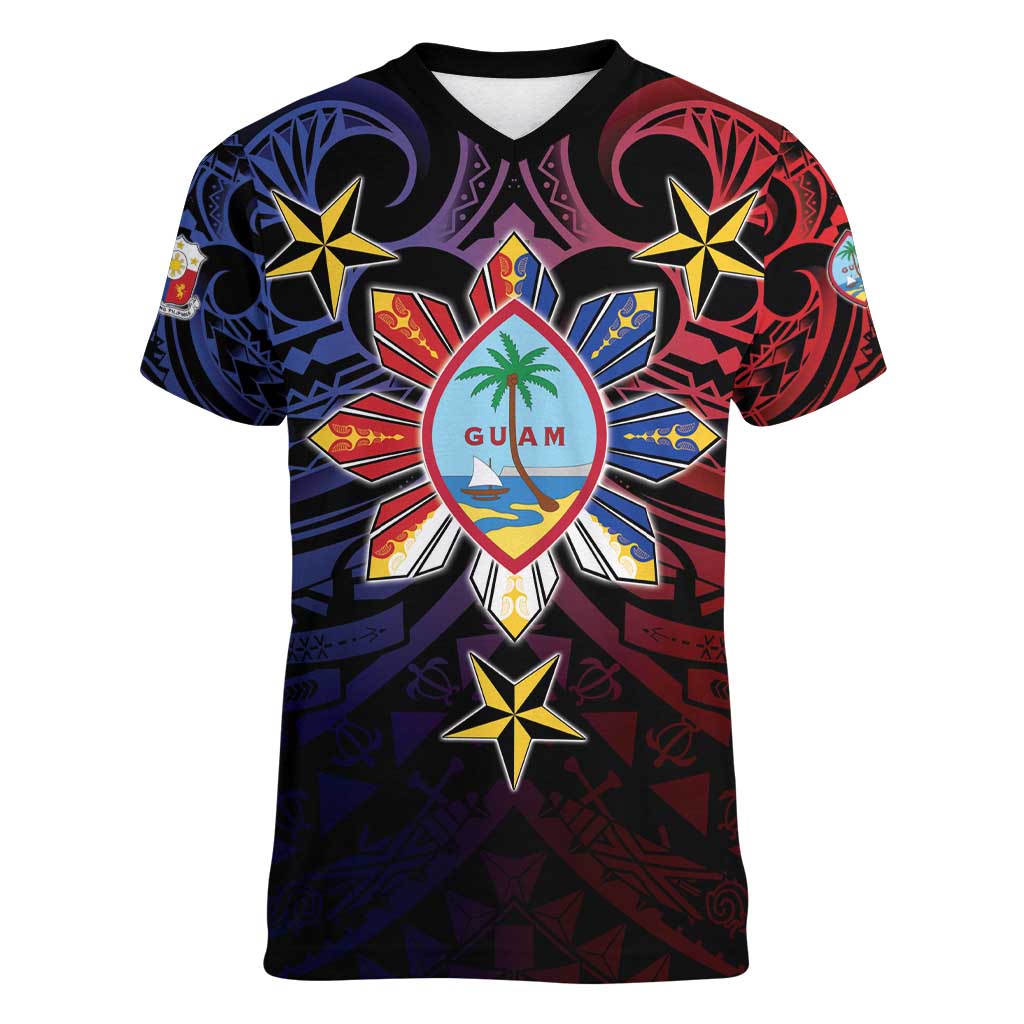 Philippines Guam Women V-Neck T-Shirt Filipino Sun With Guaman Seal