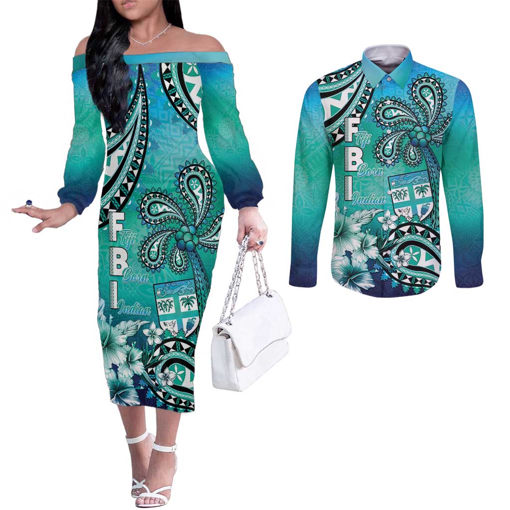 Fiji Born Indian Couples Matching Off The Shoulder Long Sleeve Dress and Long Sleeve Button Shirt Palm Paisley With Tapa Pattern
