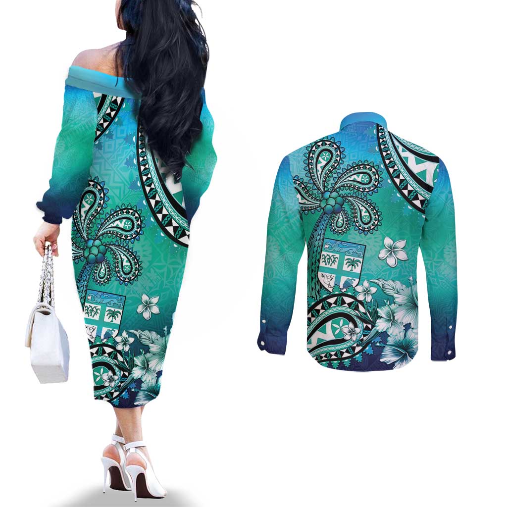 Fiji Born Indian Couples Matching Off The Shoulder Long Sleeve Dress and Long Sleeve Button Shirt Palm Paisley With Tapa Pattern