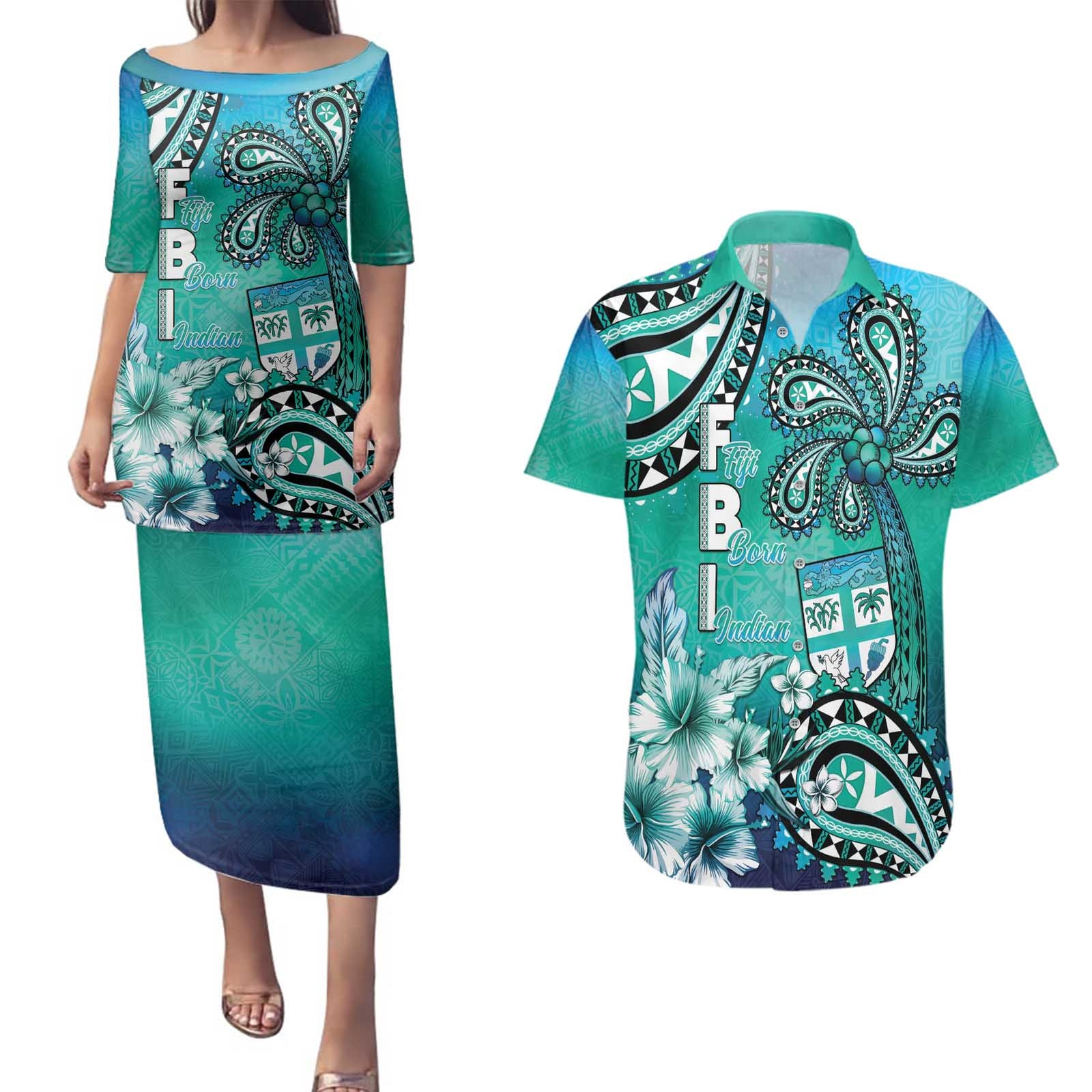 Fiji Born Indian Couples Matching Puletasi and Hawaiian Shirt Palm Paisley With Tapa Pattern LT05 Aqua - Polynesian Pride