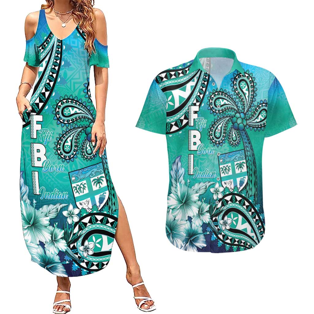 Fiji Born Indian Couples Matching Summer Maxi Dress and Hawaiian Shirt Palm Paisley With Tapa Pattern