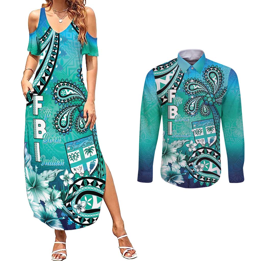Fiji Born Indian Couples Matching Summer Maxi Dress and Long Sleeve Button Shirt Palm Paisley With Tapa Pattern LT05 Aqua - Polynesian Pride