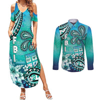 Fiji Born Indian Couples Matching Summer Maxi Dress and Long Sleeve Button Shirt Palm Paisley With Tapa Pattern LT05 Aqua - Polynesian Pride
