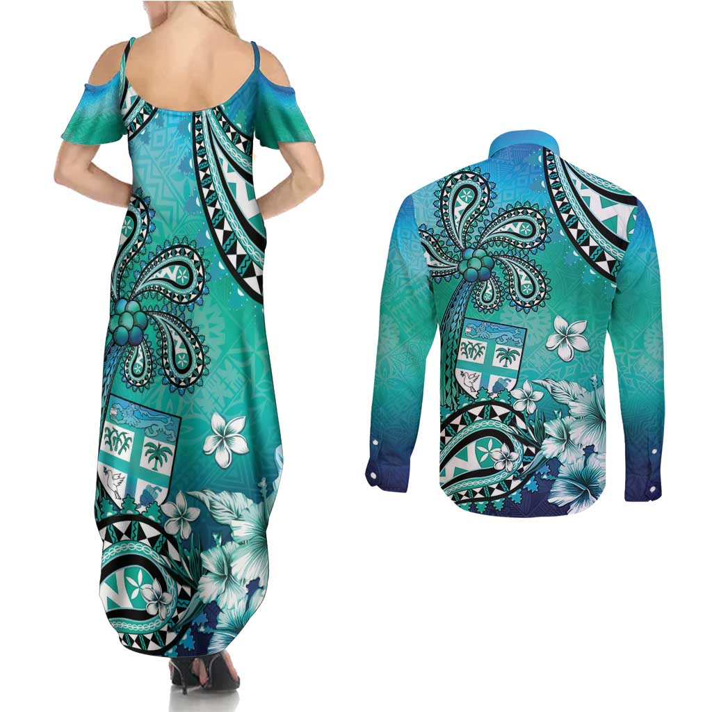Fiji Born Indian Couples Matching Summer Maxi Dress and Long Sleeve Button Shirt Palm Paisley With Tapa Pattern LT05 - Polynesian Pride