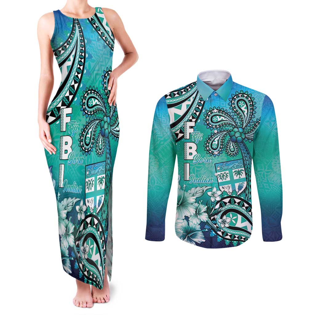 Fiji Born Indian Couples Matching Tank Maxi Dress and Long Sleeve Button Shirt Palm Paisley With Tapa Pattern