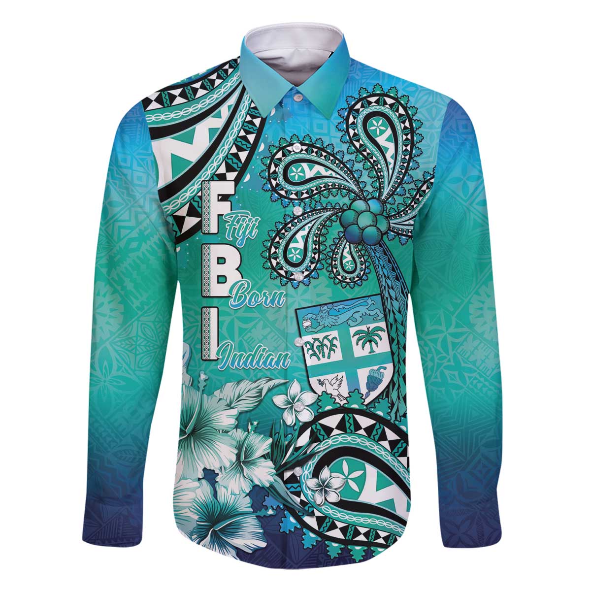 Fiji Born Indian Family Matching Off The Shoulder Long Sleeve Dress and Hawaiian Shirt Palm Paisley With Tapa Pattern