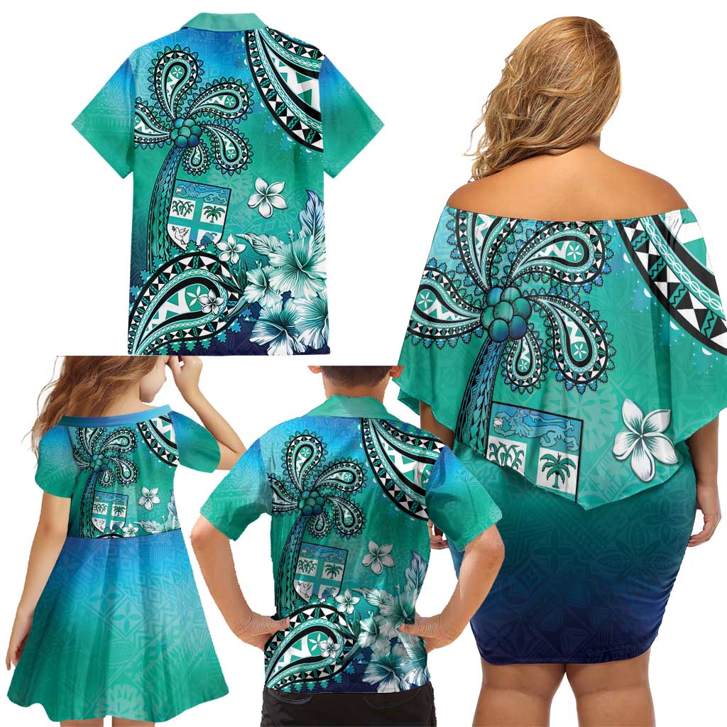 Fiji Born Indian Family Matching Off Shoulder Short Dress and Hawaiian Shirt Palm Paisley With Tapa Pattern