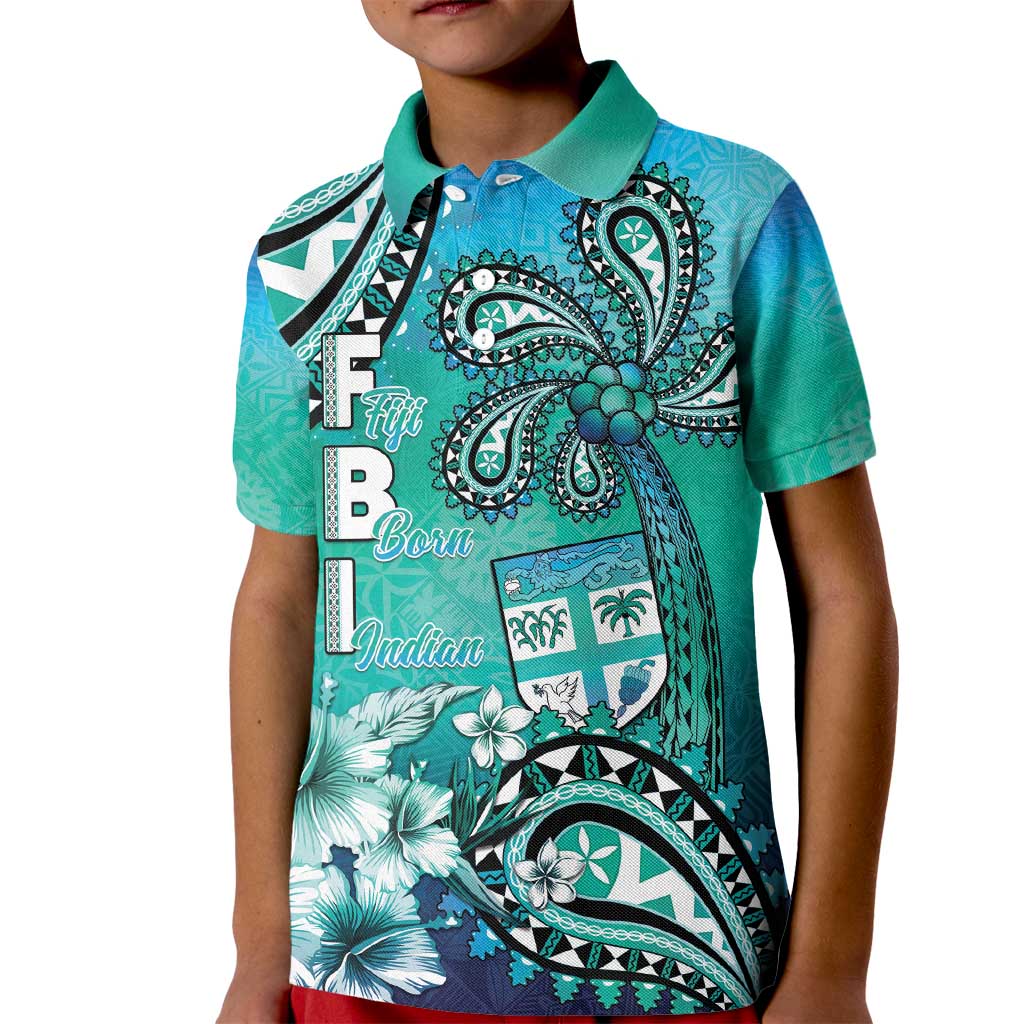Fiji Born Indian Kid Polo Shirt Palm Paisley With Tapa Pattern LT05 Kid Aqua - Polynesian Pride