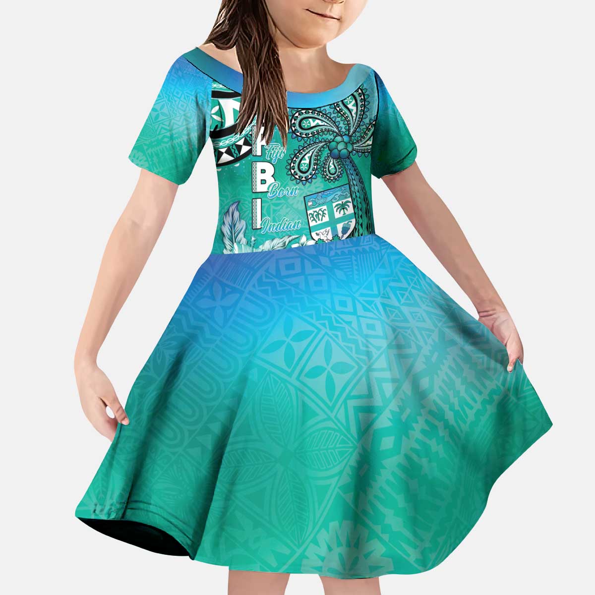 Fiji Born Indian Kid Short Sleeve Dress Palm Paisley With Tapa Pattern