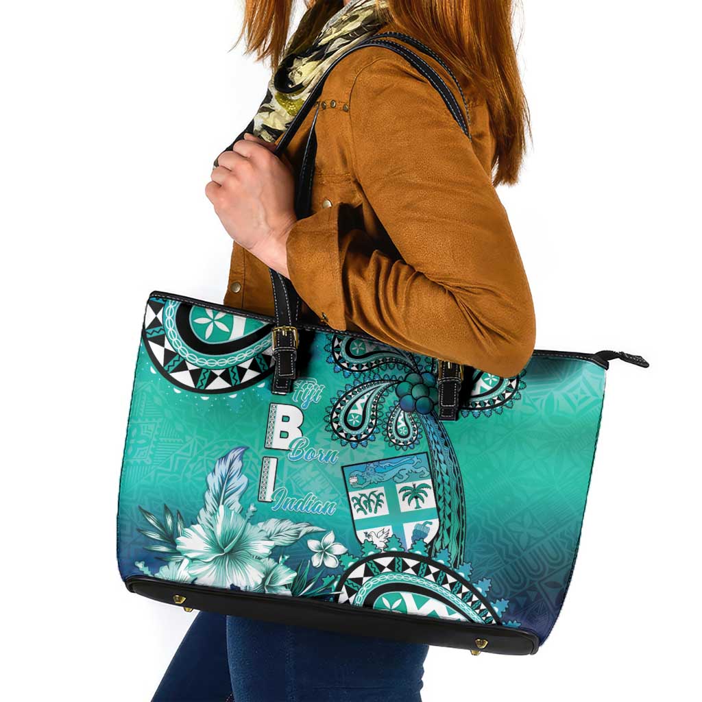 Fiji Born Indian Leather Tote Bag Palm Paisley With Tapa Pattern