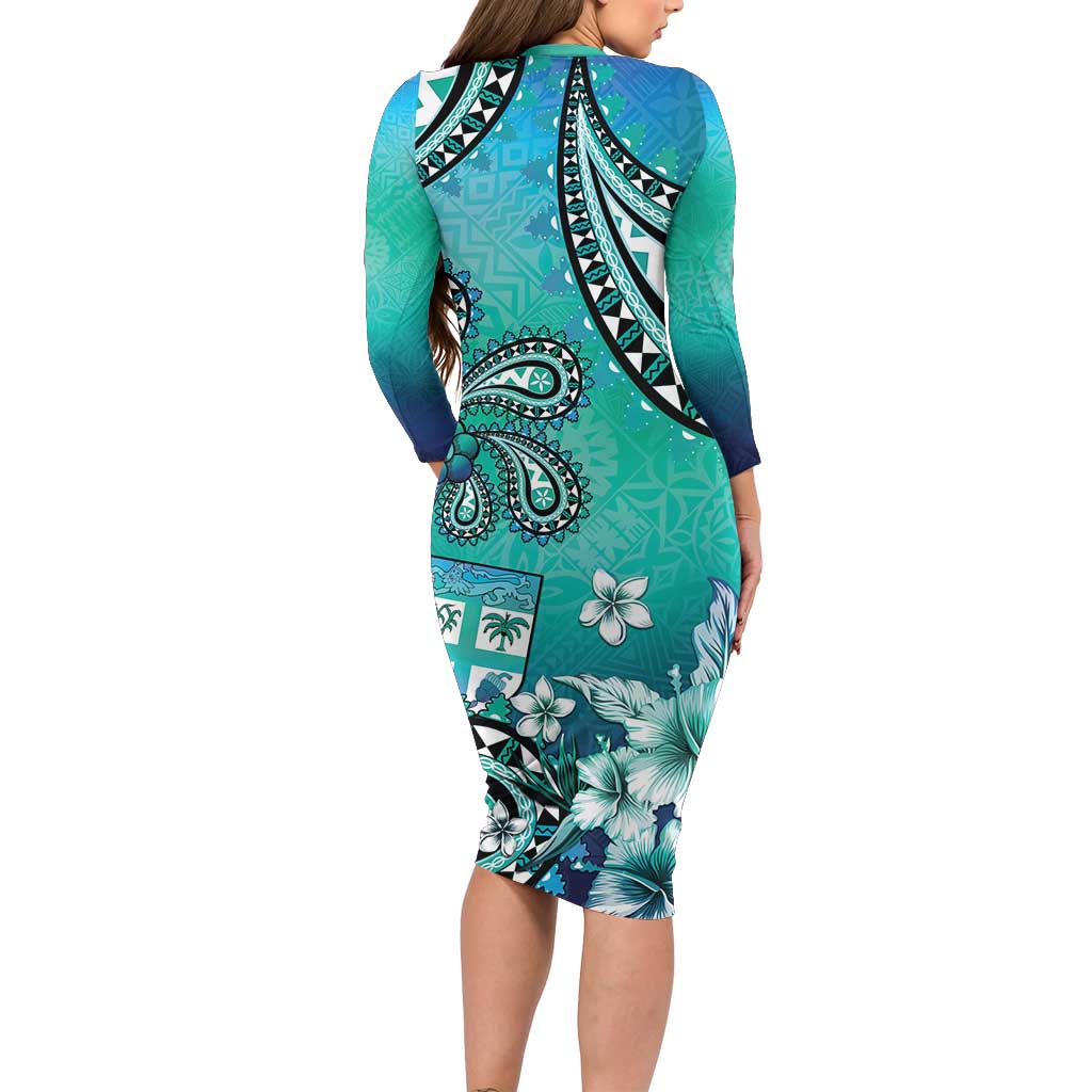 Fiji Born Indian Long Sleeve Bodycon Dress Palm Paisley With Tapa Pattern