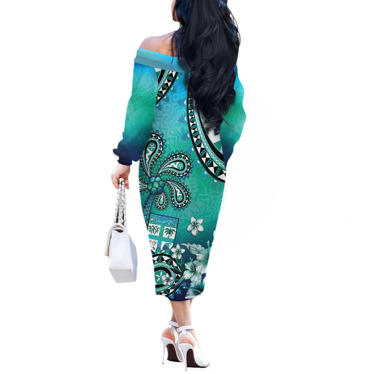 Fiji Born Indian Off The Shoulder Long Sleeve Dress Palm Paisley With Tapa Pattern