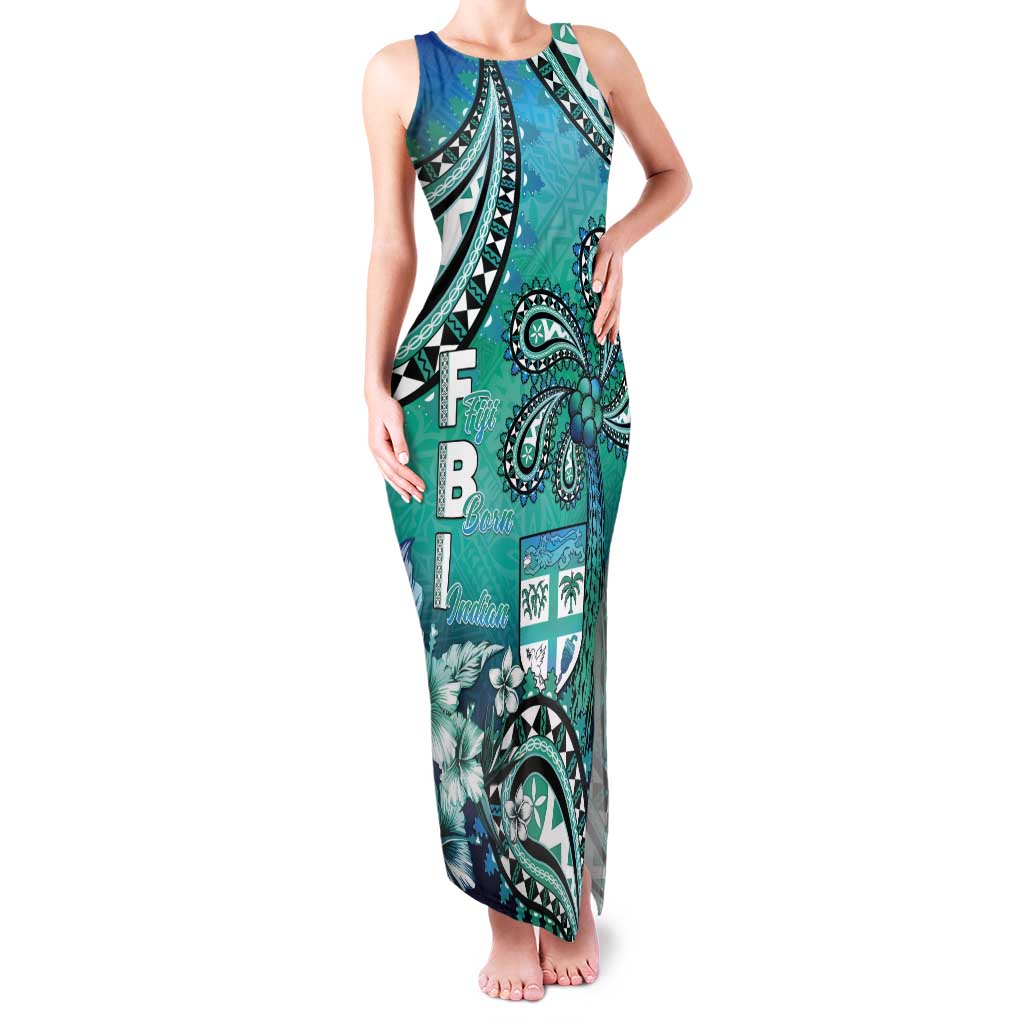 Fiji Born Indian Tank Maxi Dress Palm Paisley With Tapa Pattern