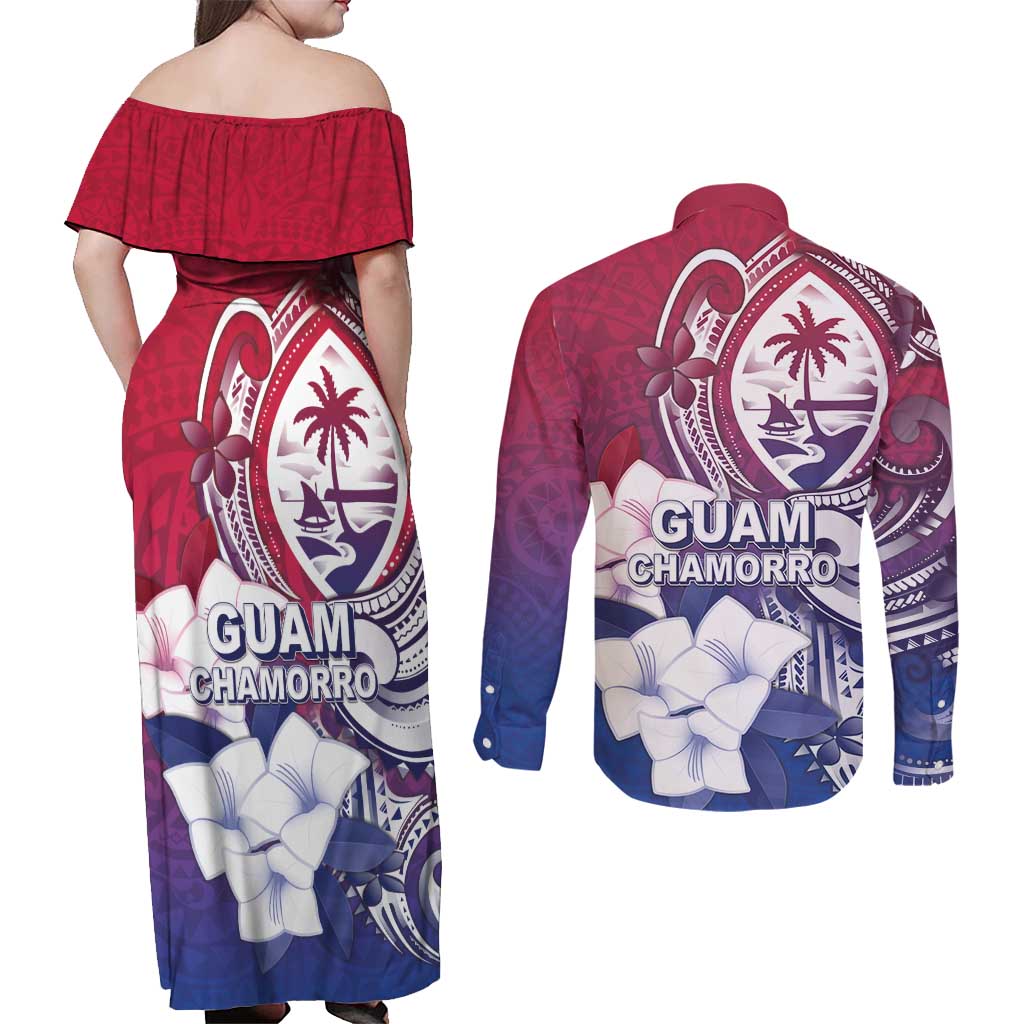 Guam Gadao Couples Matching Off Shoulder Maxi Dress and Long Sleeve Button Shirt Hafa Adai Micronesian Tribal Pattern