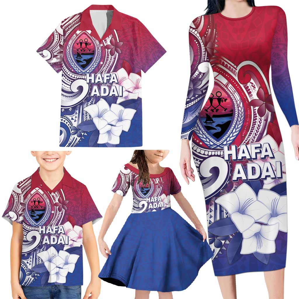 Guam Gadao Family Matching Long Sleeve Bodycon Dress and Hawaiian Shirt Hafa Adai Micronesian Tribal Pattern